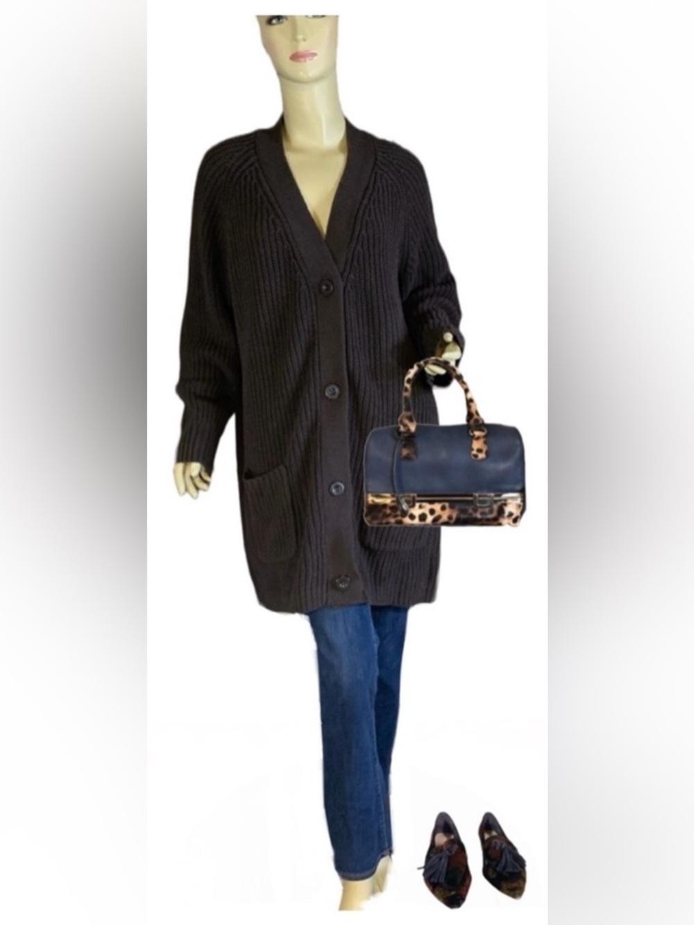 WOMAN WITHIN BROWN CABLE KNIT V NECK CARDIGAN SWEATER (L/18/20)